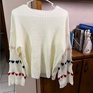 Cream Ribbed Sweater with Heart Accent Sleeves